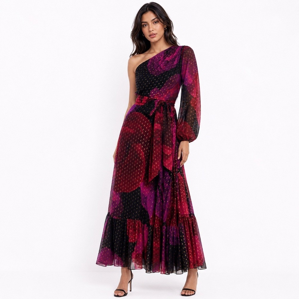 Taylor One Shoulder Floral Maxi Dress Womens 2 Black Pink Metallic Clip Dot - Picture 3 of 10